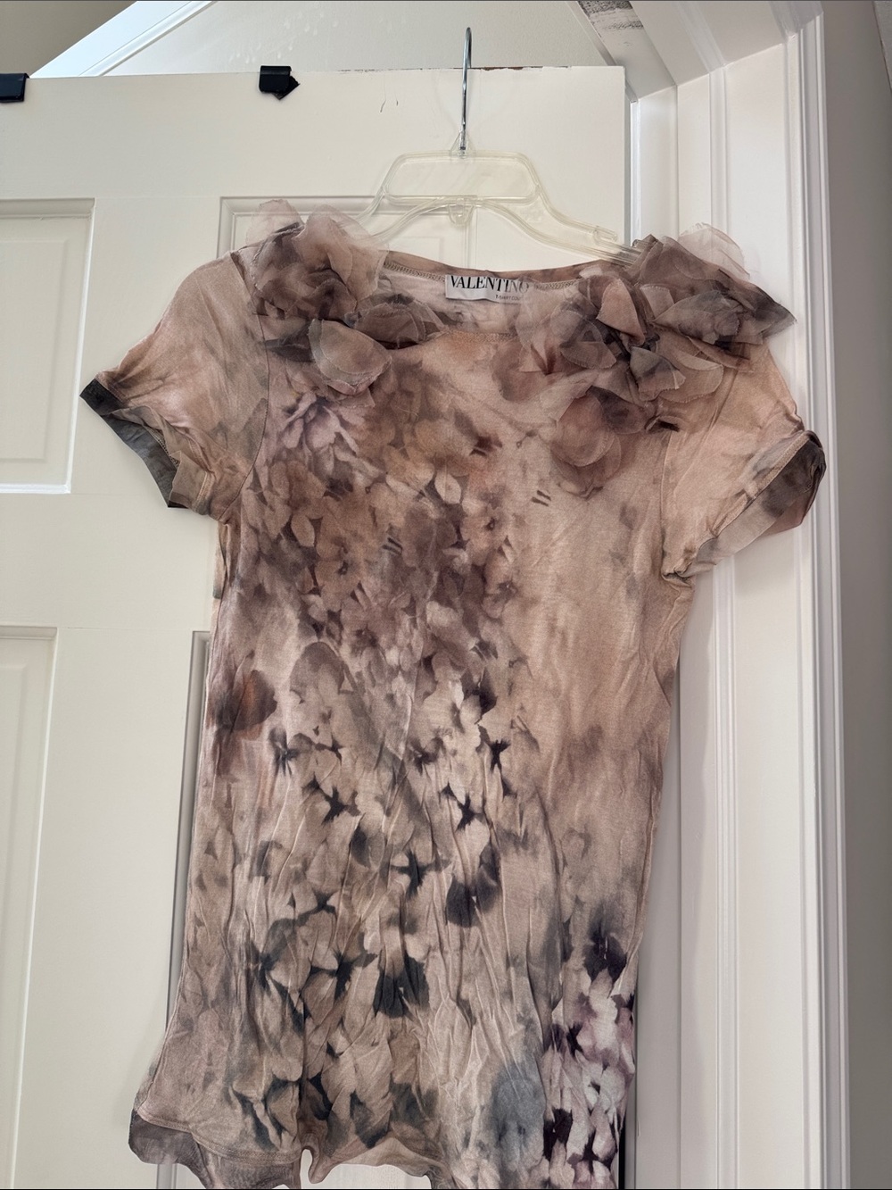 Valentino Blush Beige and Taupe Floral Ruffle Short-Sleeve Top